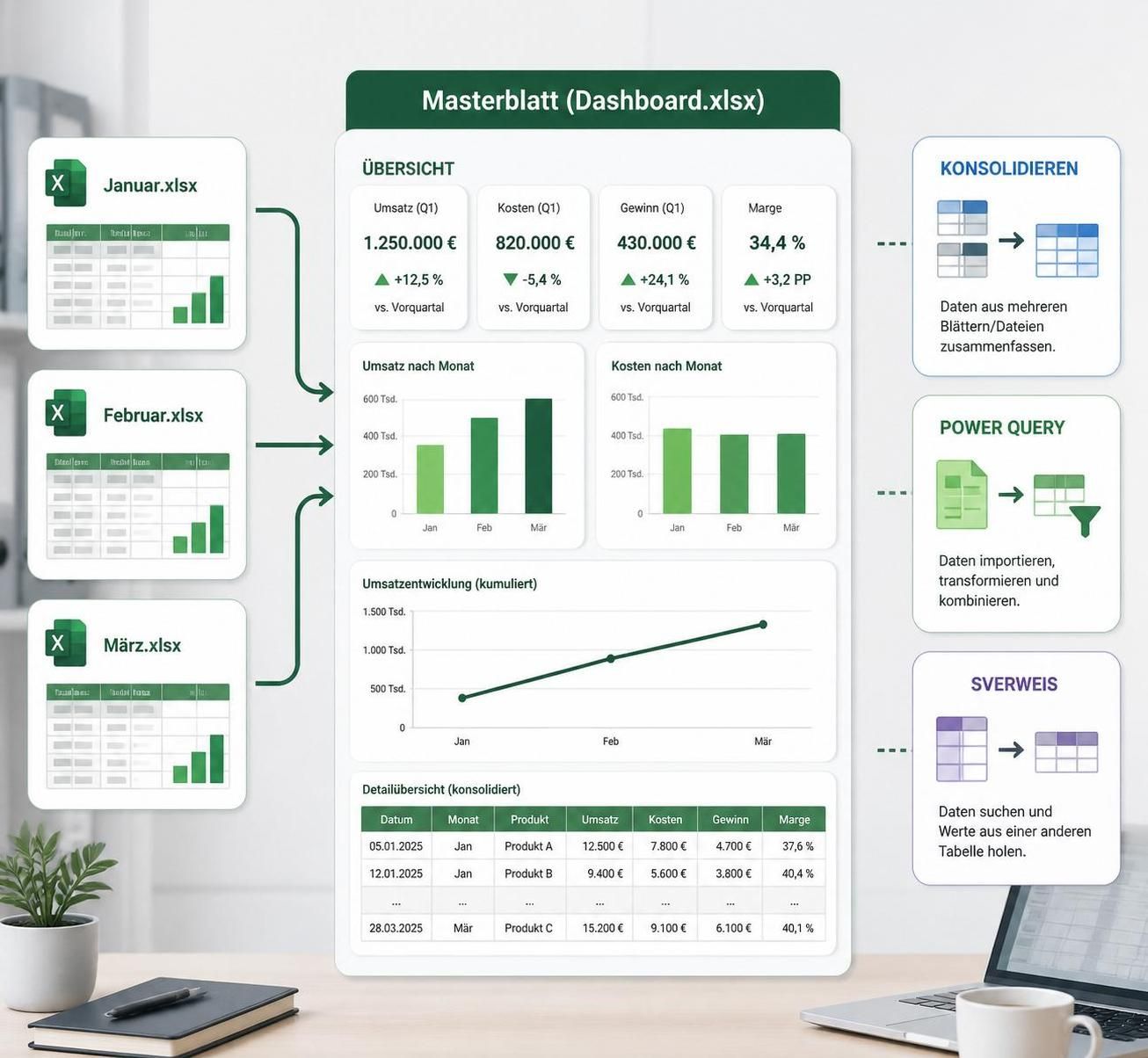 lernen sie, wie sie mit power query und sverweis mehrere excel-tabellen effektiv in einer datei zusammenführen können. schritt-für-schritt-anleitung für eine einfache datenzusammenführung.